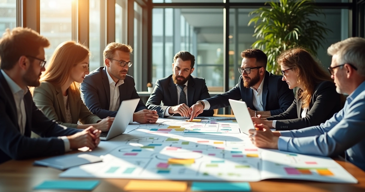 Mesa de escritório com pessoas analisando mapas estratégicos e post-its coloridos 