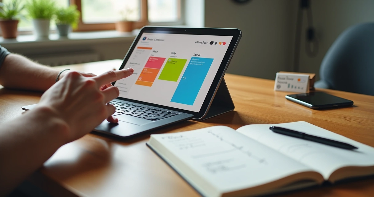 Mãos organizando cartões coloridos em quadro kanban digital e físico lado a lado 