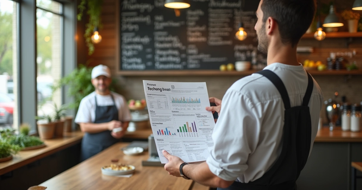 Gestor analisando planilha de indicadores de restaurante saudável com gráficos 