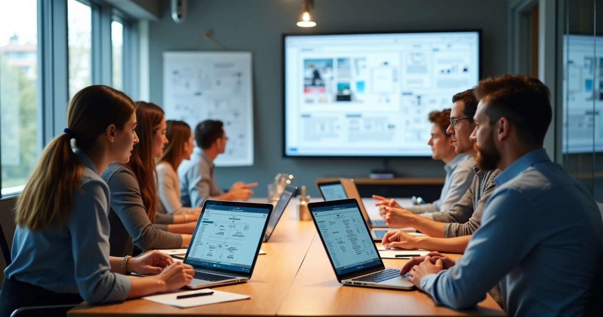 Equipe de design e estratégia reunida em mesa com notebooks, analisando wireframes de site em telas grandes 