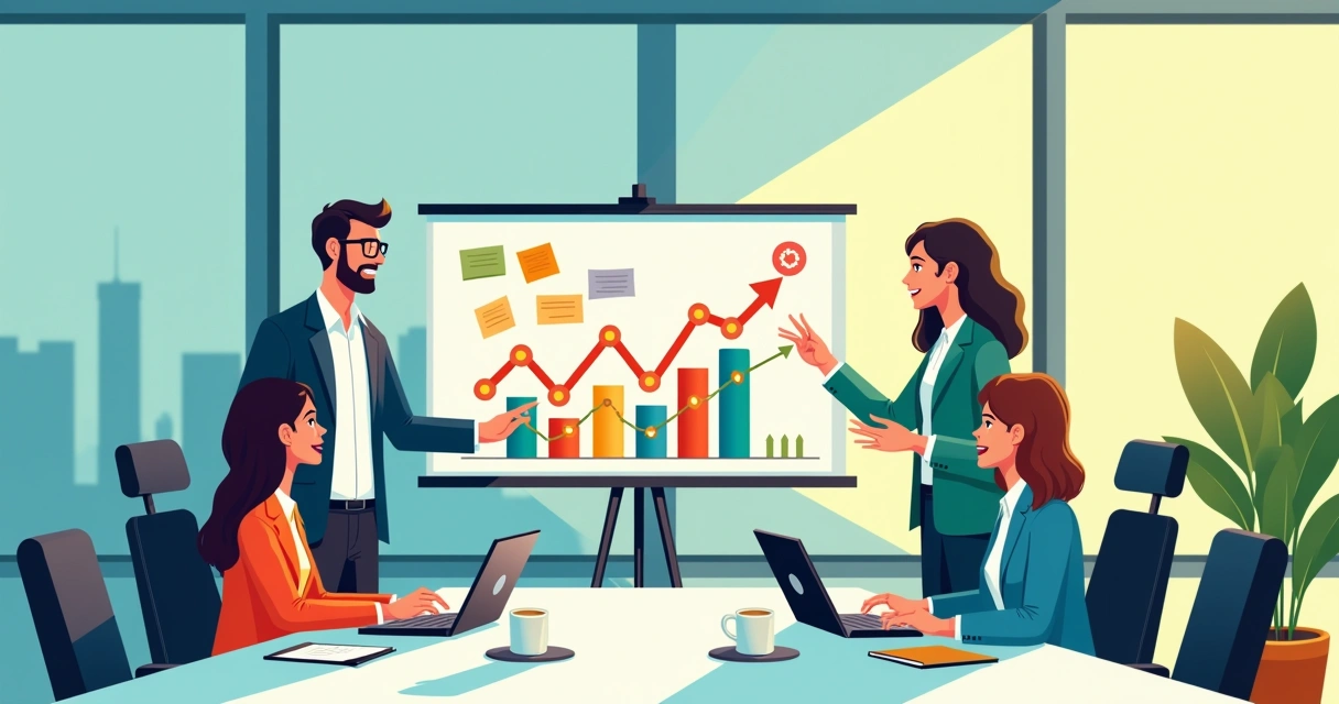 Equipe diversificada em reunião de planejamento estratégico, analisando metas de vendas em um quadro.