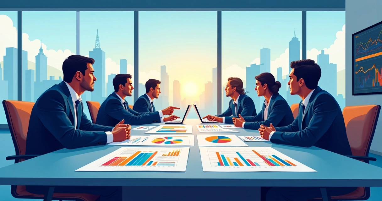 Equipe analisando plano estratégico com painéis e gráficos, Curitiba ao fundo 