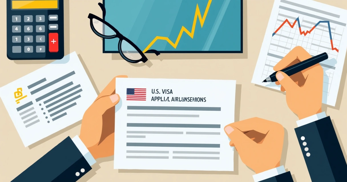Planejamento estratégico de viagem corporativa com gráfico e visto americano sobre a mesa 