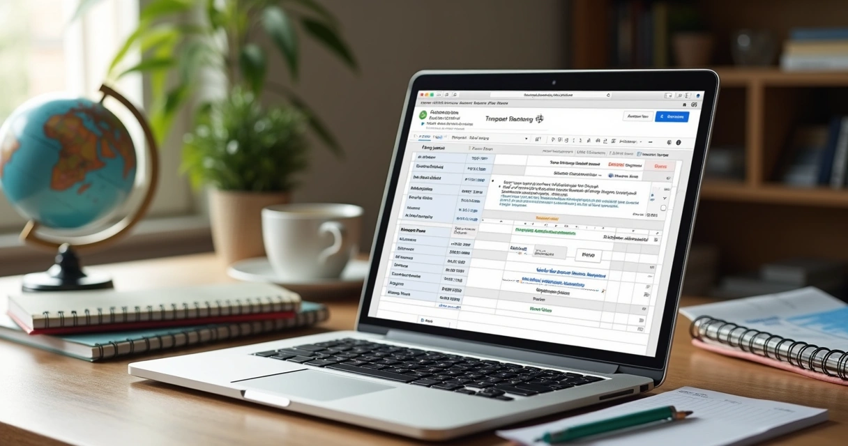 Mesa com laptop, livros e passagem aérea organizada para estudo no exterior 