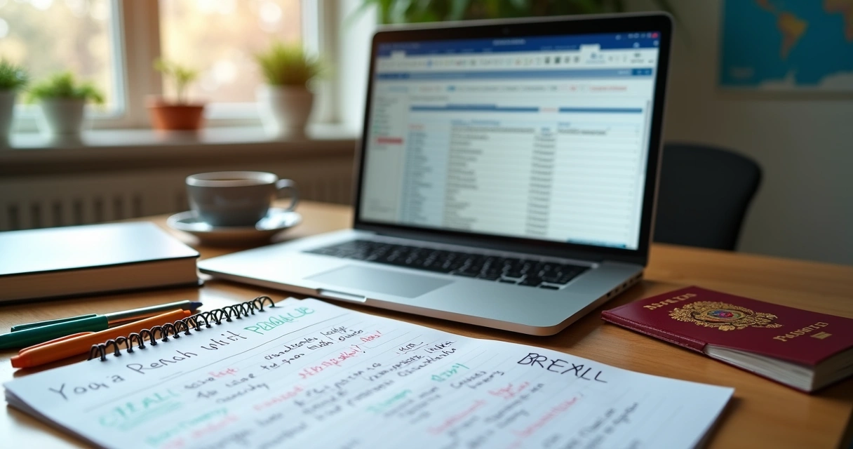 Mesa com computador, anotações e passaporte mostrando planejamento para estudar fora 