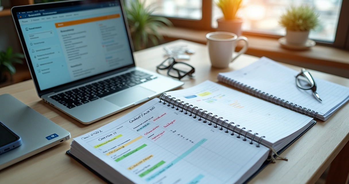 Mesa organizada com planner de estudos para certificação CPA destacado em calendário de 2026 