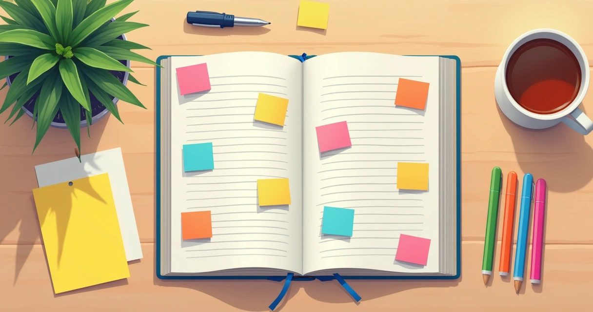 Caderno com cronograma de estudos e post-its coloridos em uma mesa de madeira 