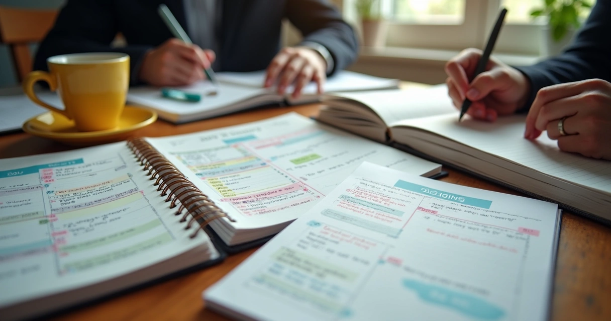 Mesa de estudos com livros, agenda e plano de estudos para vestibular