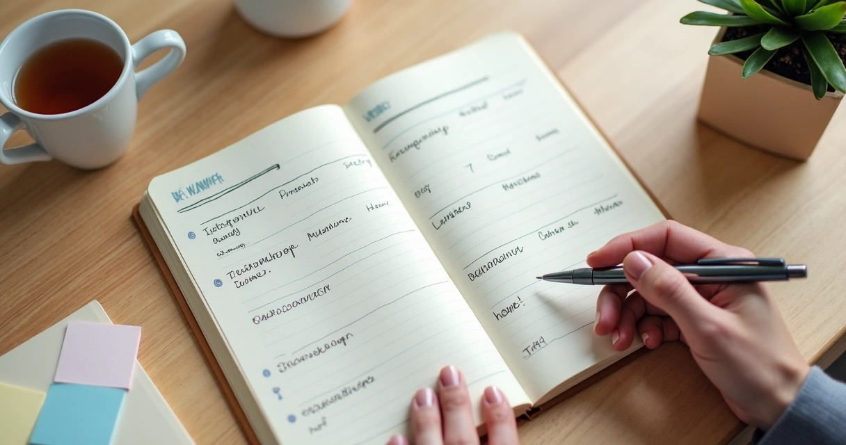 Caderno de planejamento com anotações sobre impacto pessoal e coletivo 