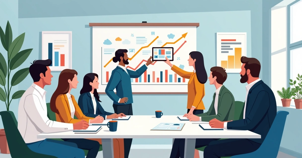 Equipe reunida planejando o crescimento da empresa com gráficos 