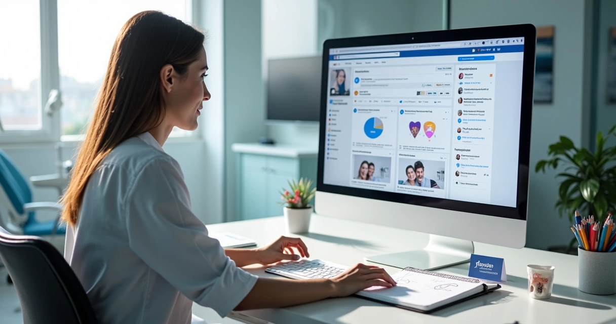 Gestor de clínica odontológica planejando anúncios de Facebook em escritório moderno 