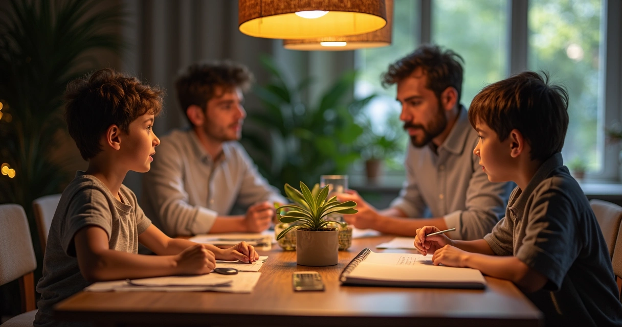 Família discutindo organização financeira na mesa de jantar 
