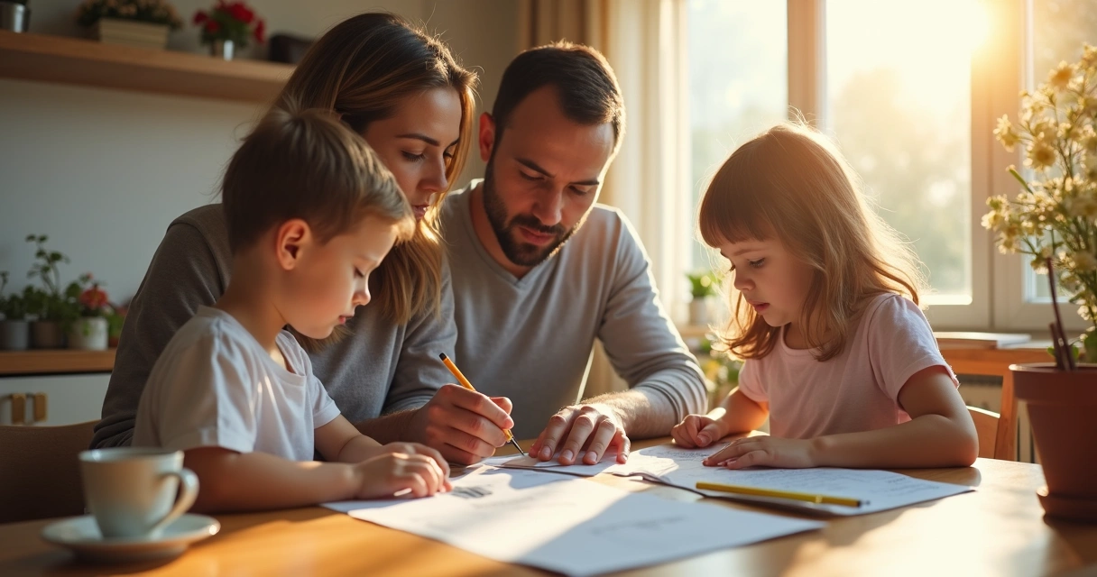 Casal em mesa com filhos planejando finanças com papel e notebook