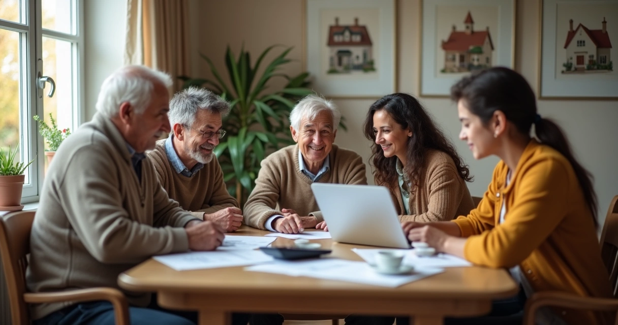 Família reunida planejando investimentos sentados ao redor de mesa com papéis e laptop 