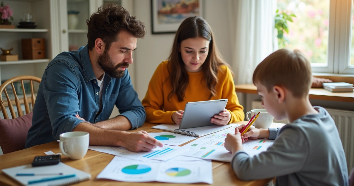 Mãos de família organizando um orçamento com calculadora e planilhas na mesa