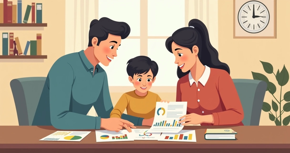 Família planejando investimentos para educação dos filhos com gráficos na mesa 