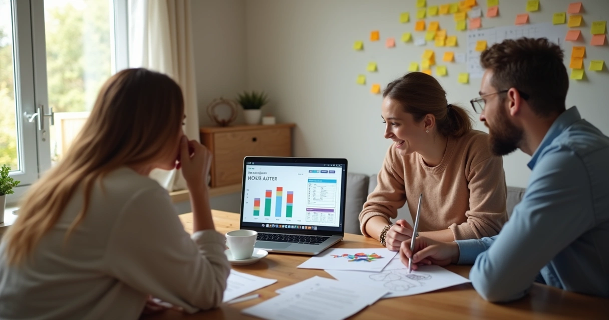 Família planejando orçamento imobiliário com simulação digital 