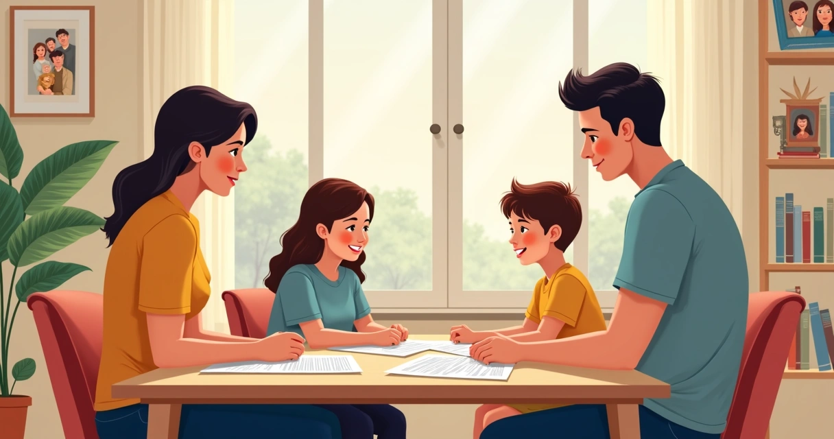 Pais com filhos planejando proteção patrimonial ao redor de mesa com papéis e computadores 