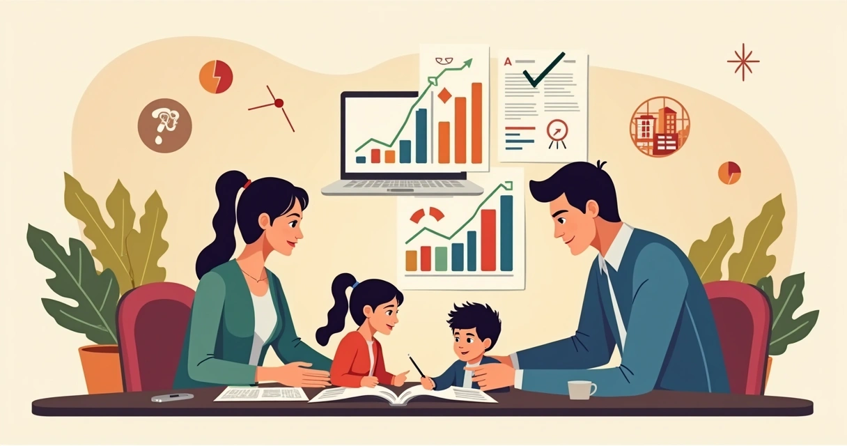 Ilustração de uma família reunida ao redor de uma mesa, analisando papéis e gráficos de previdência privada, transmitindo segurança e planejamento. 