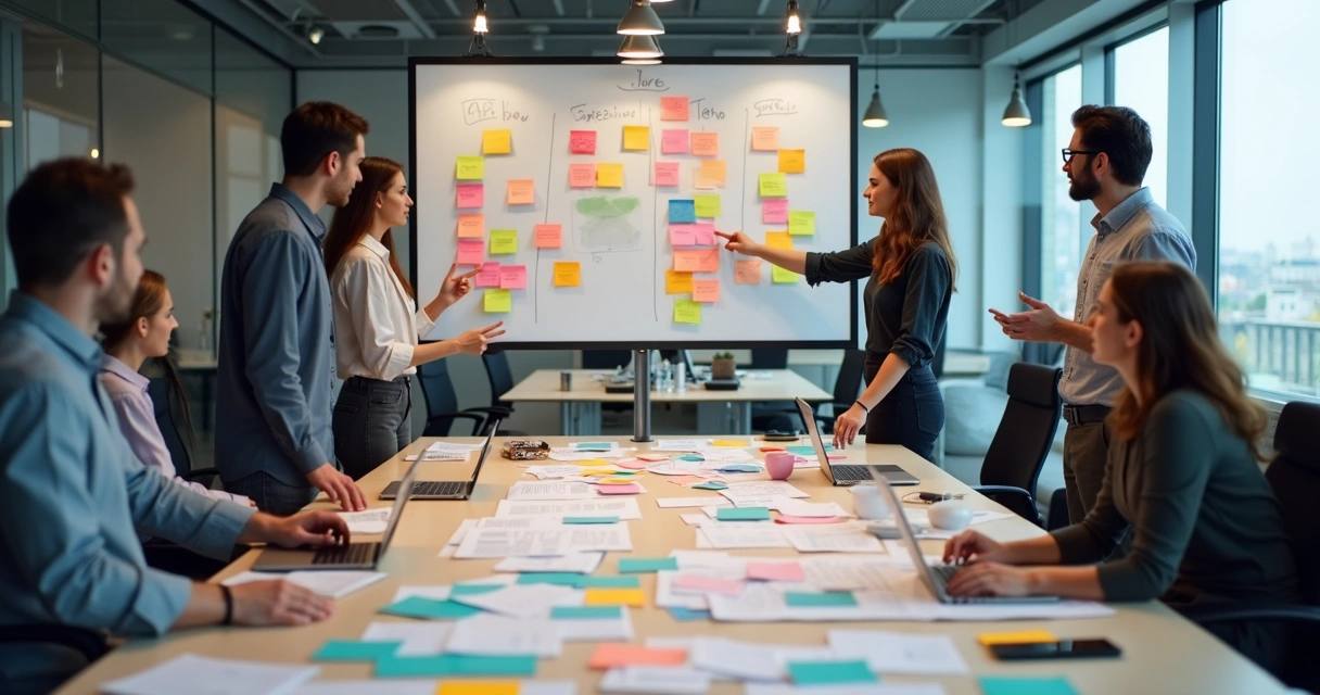 Equipe reunida planejando fases de projeto com post-its coloridos 