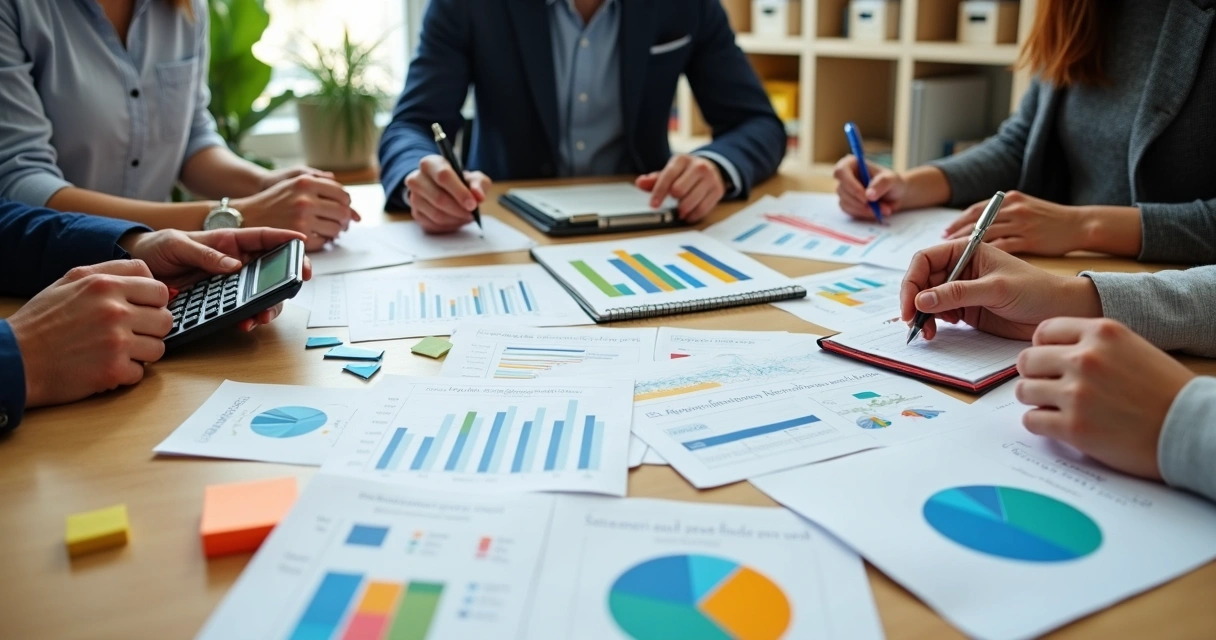 Equipe pequena organizando faturamento de empresa em mesa com papéis e calculadora 