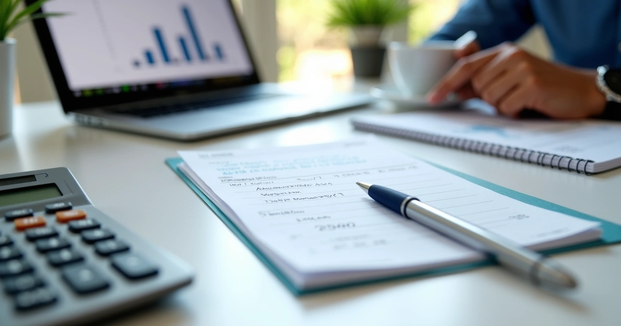 Anotações de faturamento do MEI com calculadora e notas fiscais