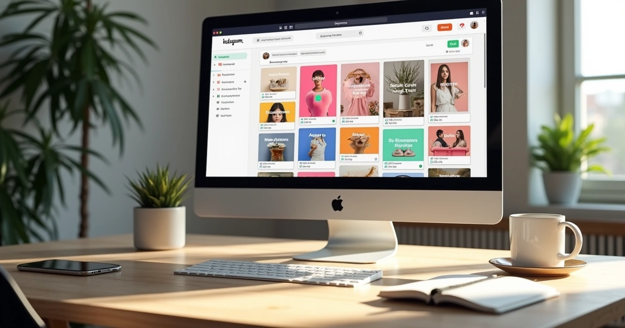 Tela com planejamento visual de feed e posts organizados por cores
