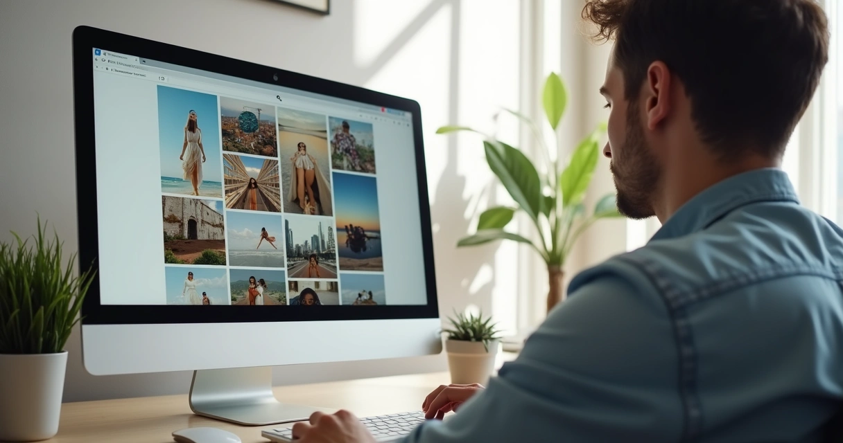 Pessoa organizando planejamento visual do feed do Instagram no computador, mostrando vários posts alinhados