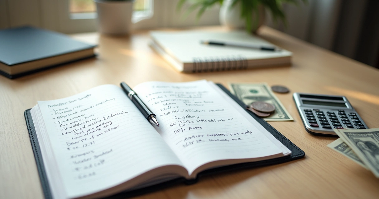 Caderno aberto com anotações de planejamento financeiro, calculadora e caneta 