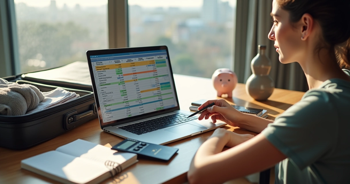 Pessoa organizando finanças com planilha e mala de viagem ao lado 