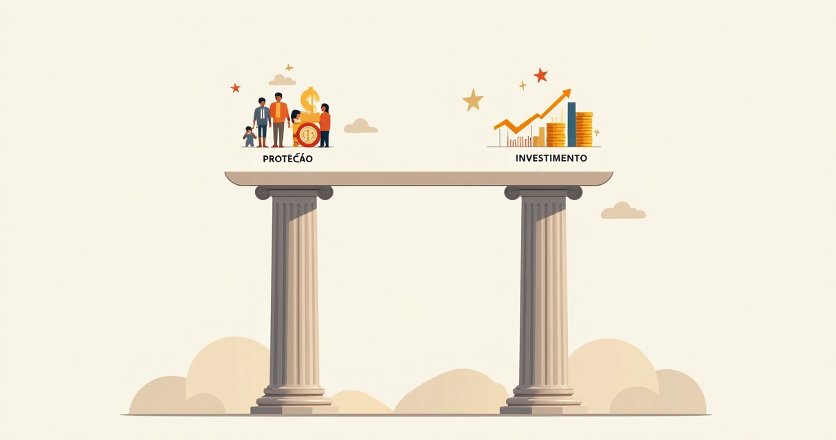 Gráfico separado com pilares de seguro de vida e investimentos ilustrando equilíbrio financeiro 