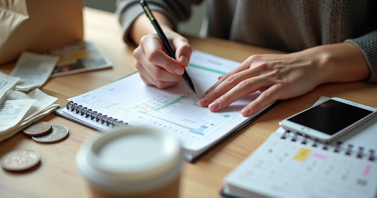 Pessoa fazendo planejamento financeiro em um caderno ao lado de compras do cotidiano 