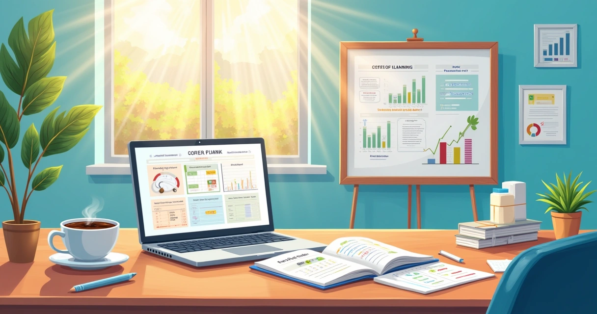 Espaço de trabalho organizado com materiais de planejamento financeiro e um laptop exibindo gráficos.