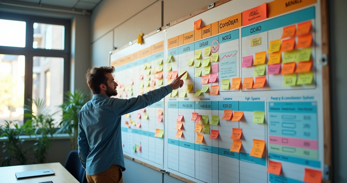 Mural grande com planejamento financeiro anual colorido e post-its 