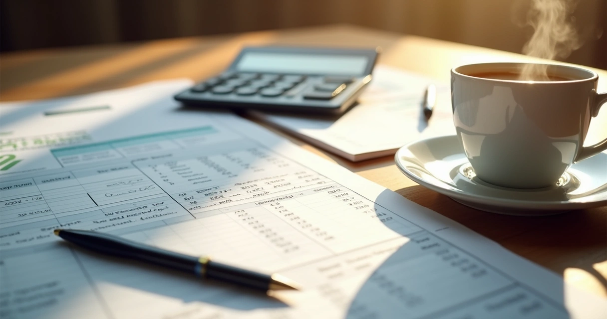 Mesa com documentos financeiros, calculadora, anotações e uma xícara de café em ambiente iluminado 