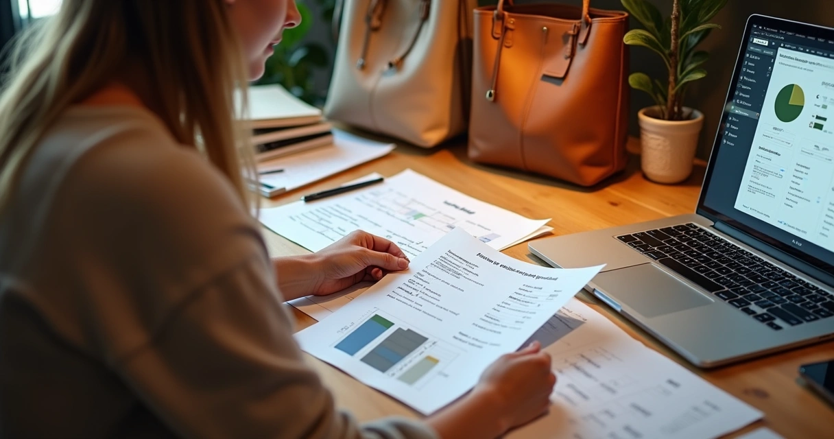 Artesão revisando planejamento financeiro com gráficos e cálculos 