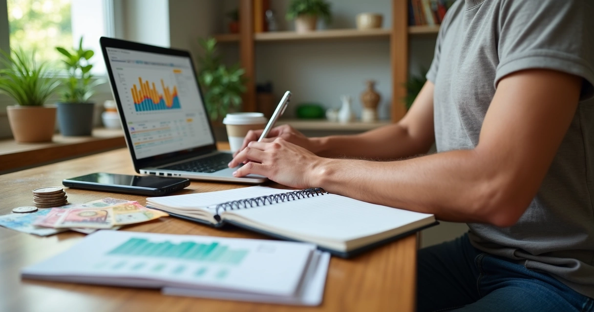 Profissional autônomo organizando finanças com notebook e planilha em mesa de trabalho 