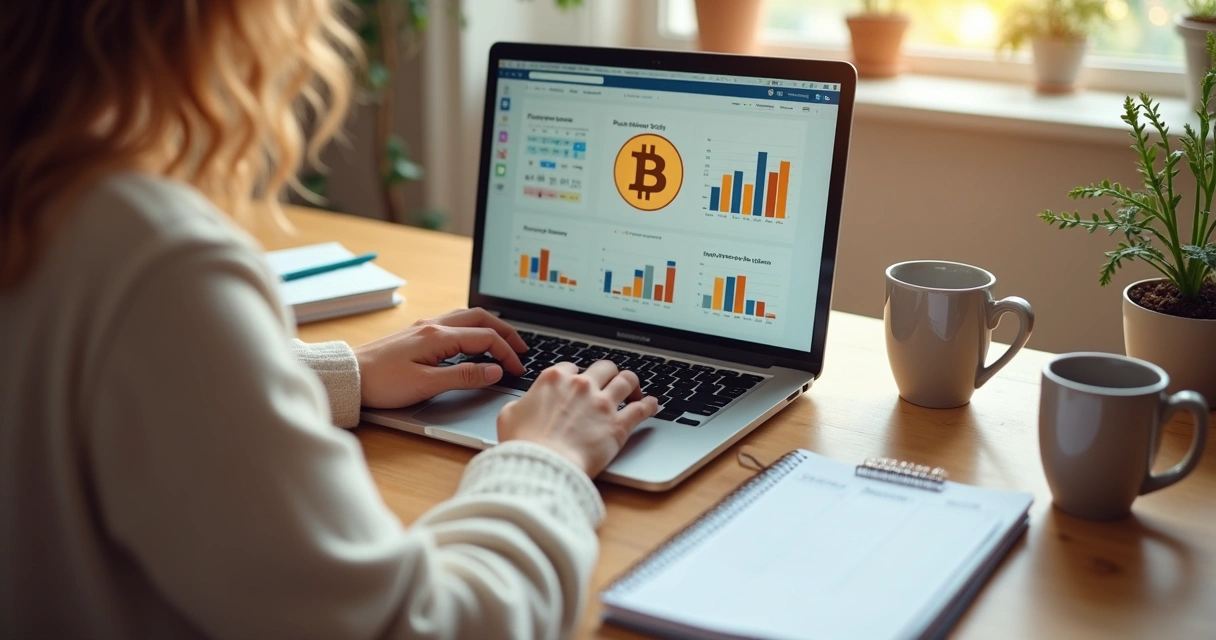 Pessoa utilizando laptop para planejar investimentos em bitcoin 