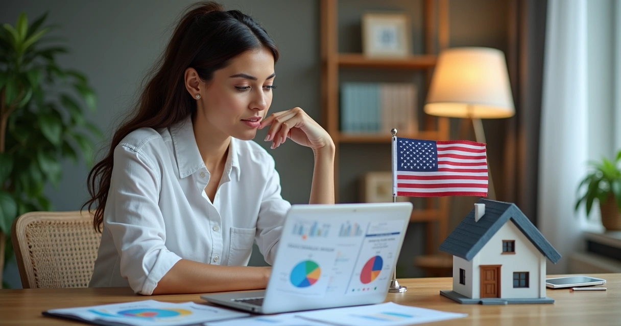 Mulher brasileira analisando gráficos de finanças nos EUA em laptop. 