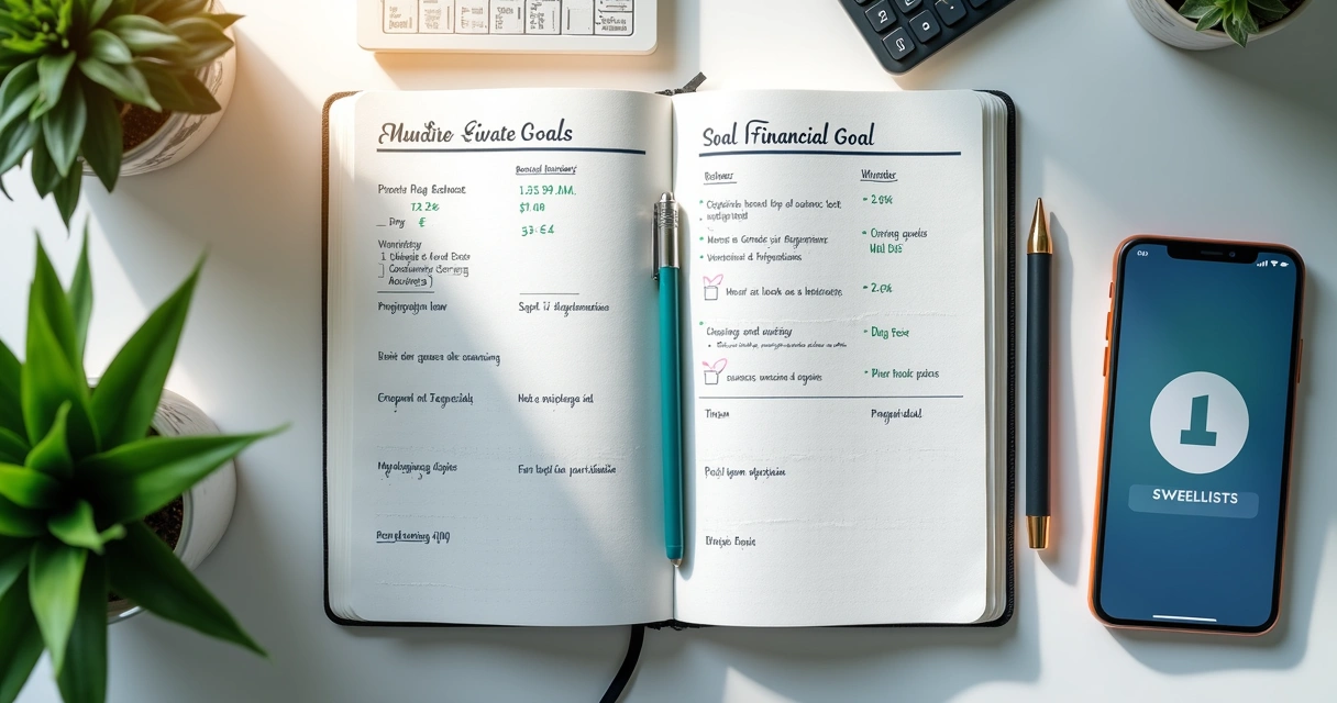 Caderno com metas financeiras e calendário mensal 