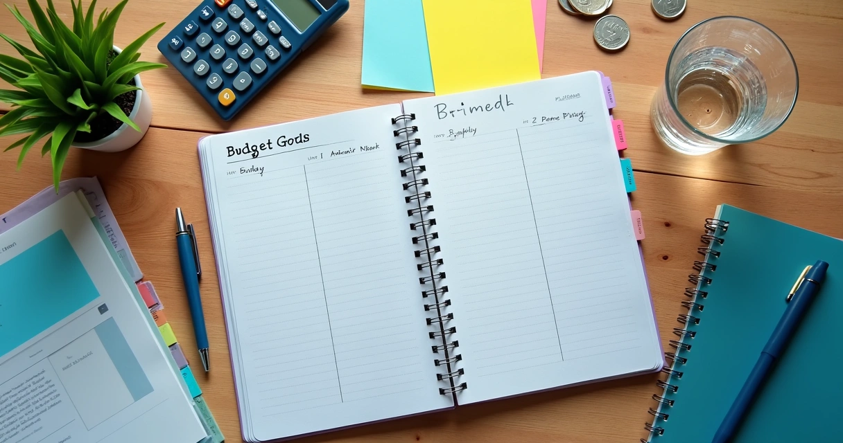 Caderno de planejamento financeiro com metas e calculadora