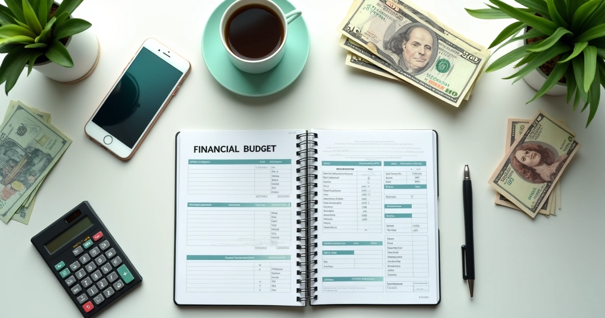 Planejamento financeiro com caderno, calculadora e contas organizadas