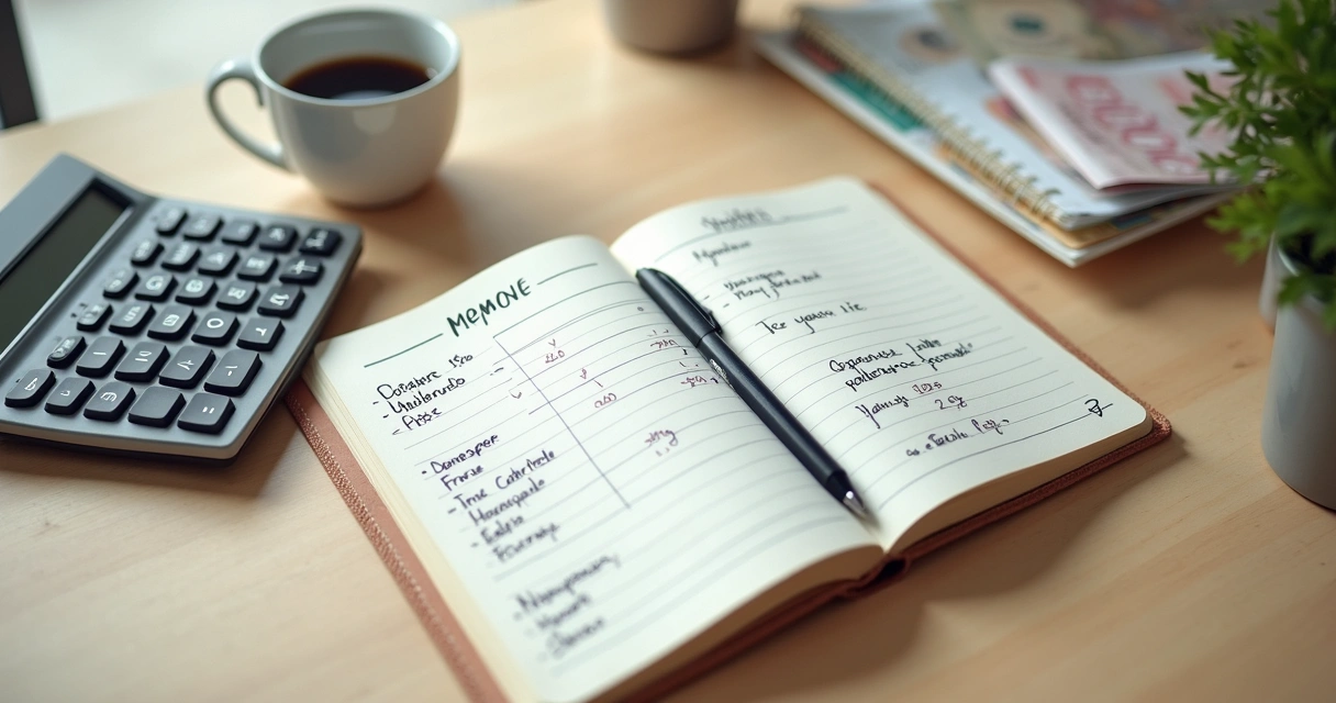 Caderno com orçamento mensal, calculadora e xícara sobre mesa clara