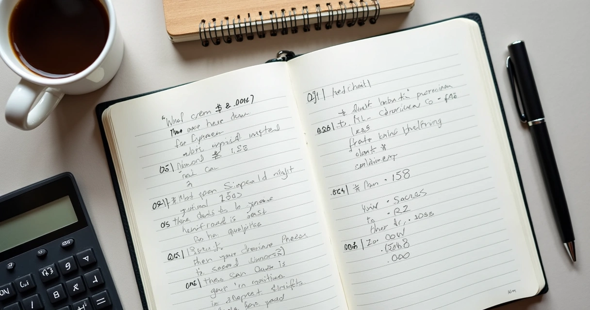 Caderno aberto com anotações financeiras e calculadora ao lado