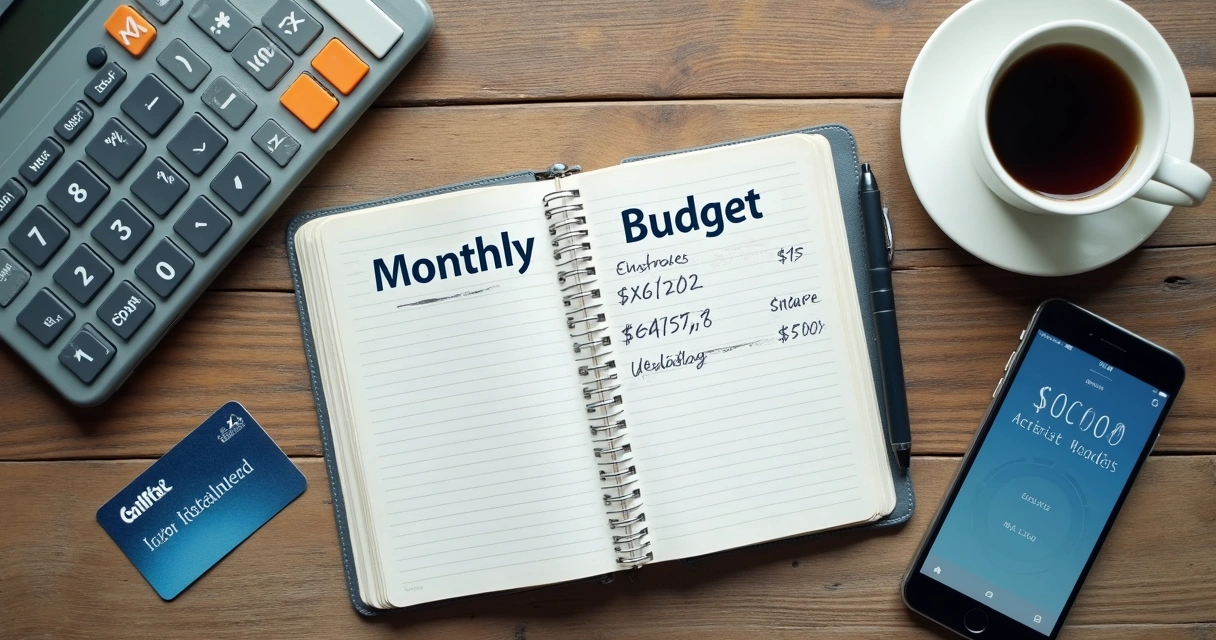Caderno com orçamento mensal, calculadora e cartões sobre mesa