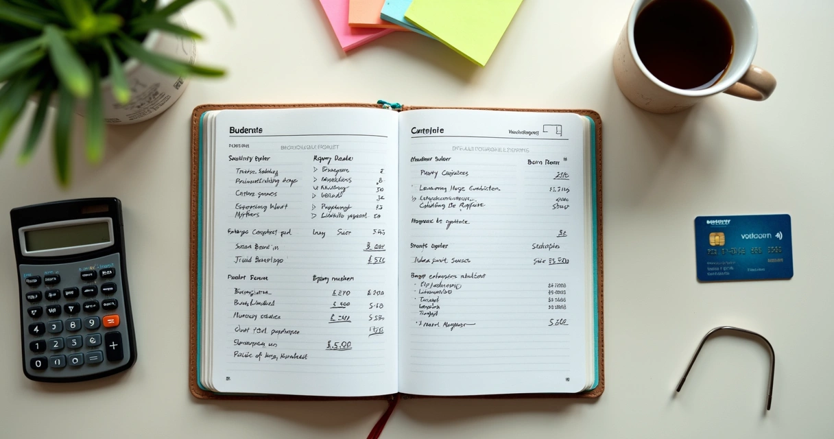Caderno aberto com categorias de gastos e calculadora sobre a mesa 