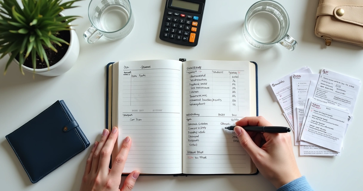 Caderno aberto com planejamento financeiro e mãos organizando despesas