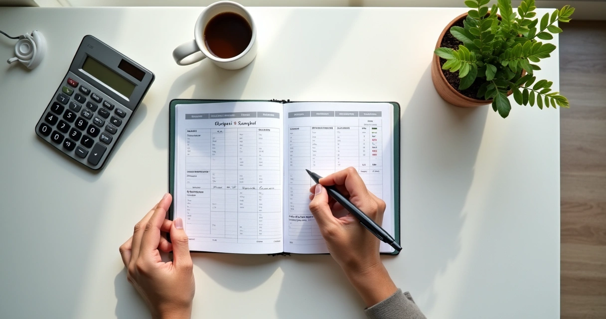 Caderno financeiro com calculadora e xícara de café