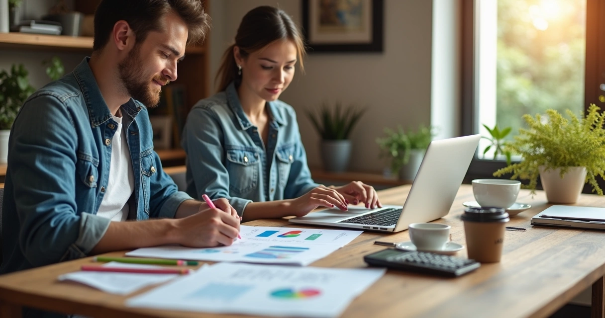Casal organizando orçamento juntos na mesa com planilhas e anotações