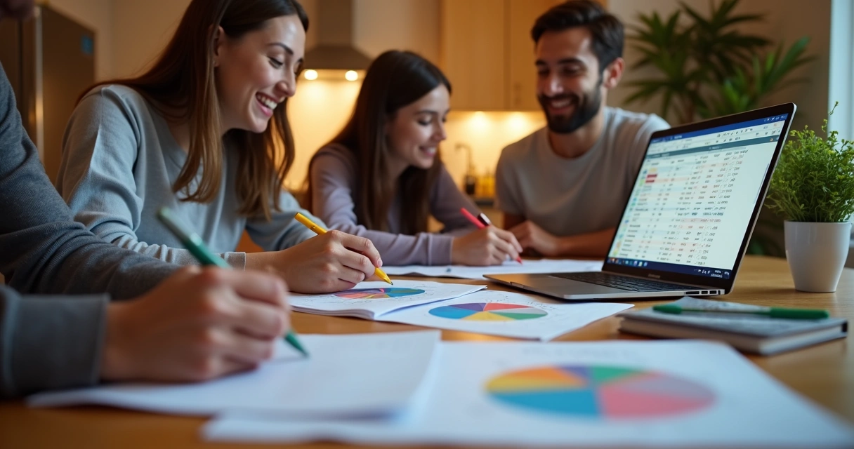 Família faz planejamento financeiro em casa com planilhas e cadernos. 
